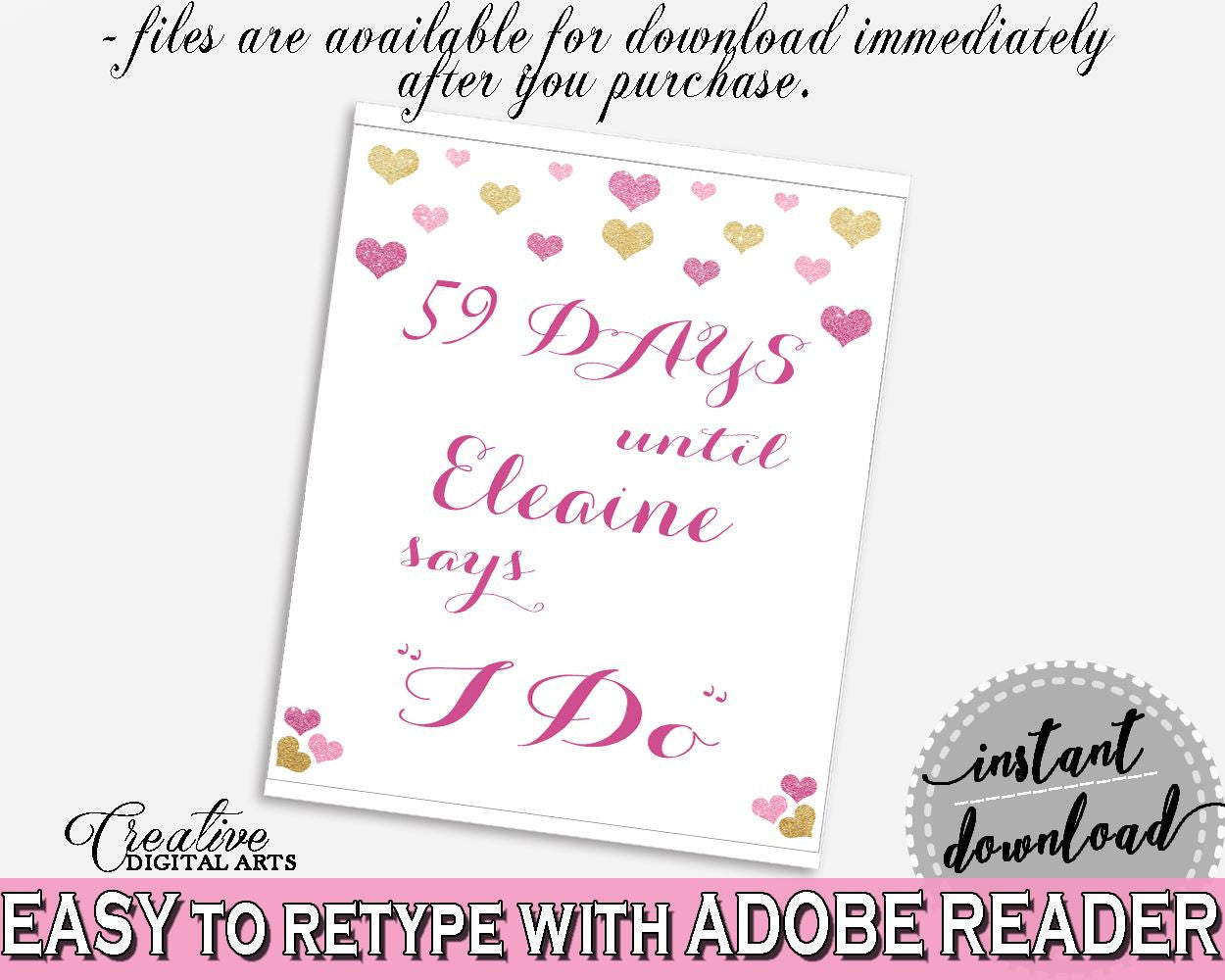 Glitter Hearts Bridal Shower Days Until I Do in Gold And Pink, wedding count down,  gold glitter shower, prints, digital print - WEE0X - Digital Product