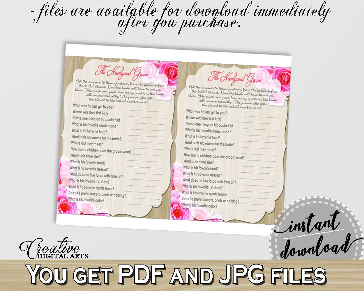 The Newlywed Game in Roses On Wood Bridal Shower Pink And Beige Theme, who knows groom best, shabby rose, digital print, party décor - B9MAI - Digital Product