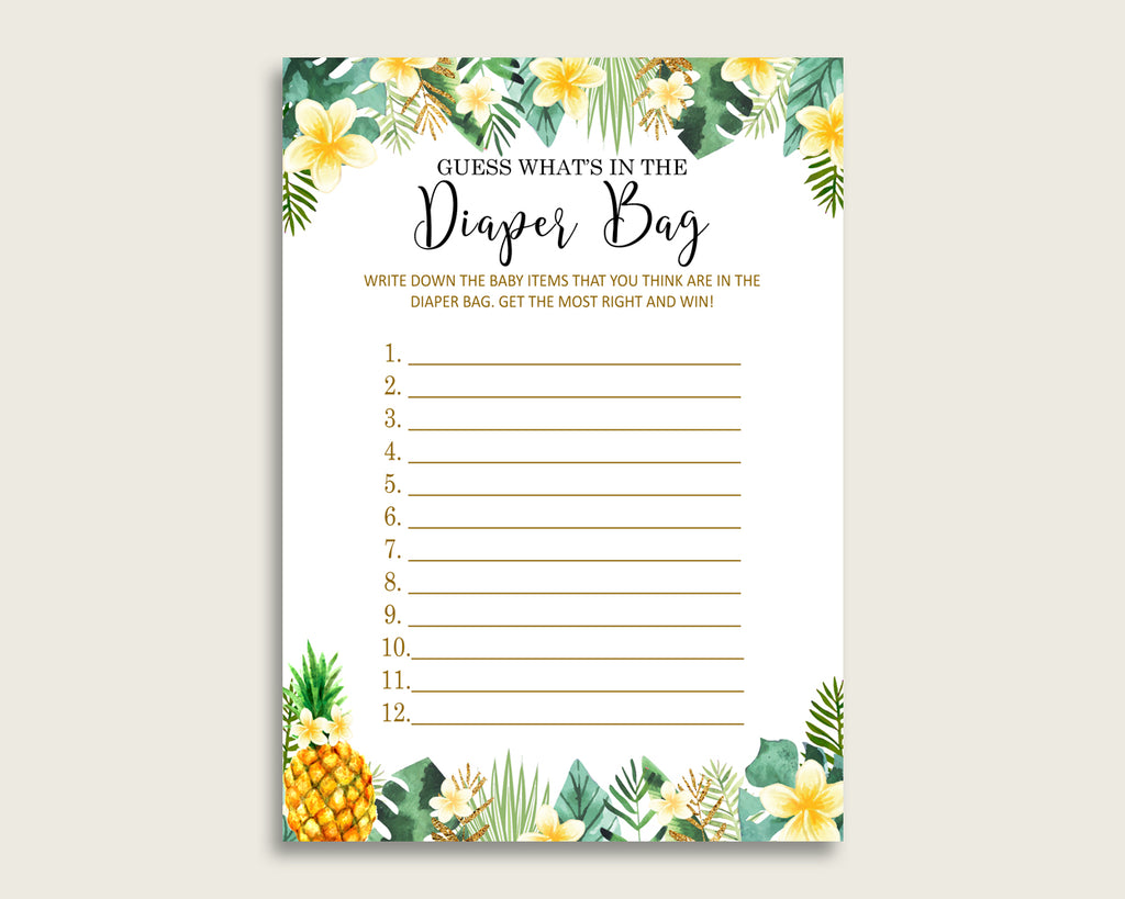 Tropical Guess What's In The Diaper Bag Game, Gender Neutral Baby Shower Green Yellow Diaper Game Printable, Instant Download, 4N0VK