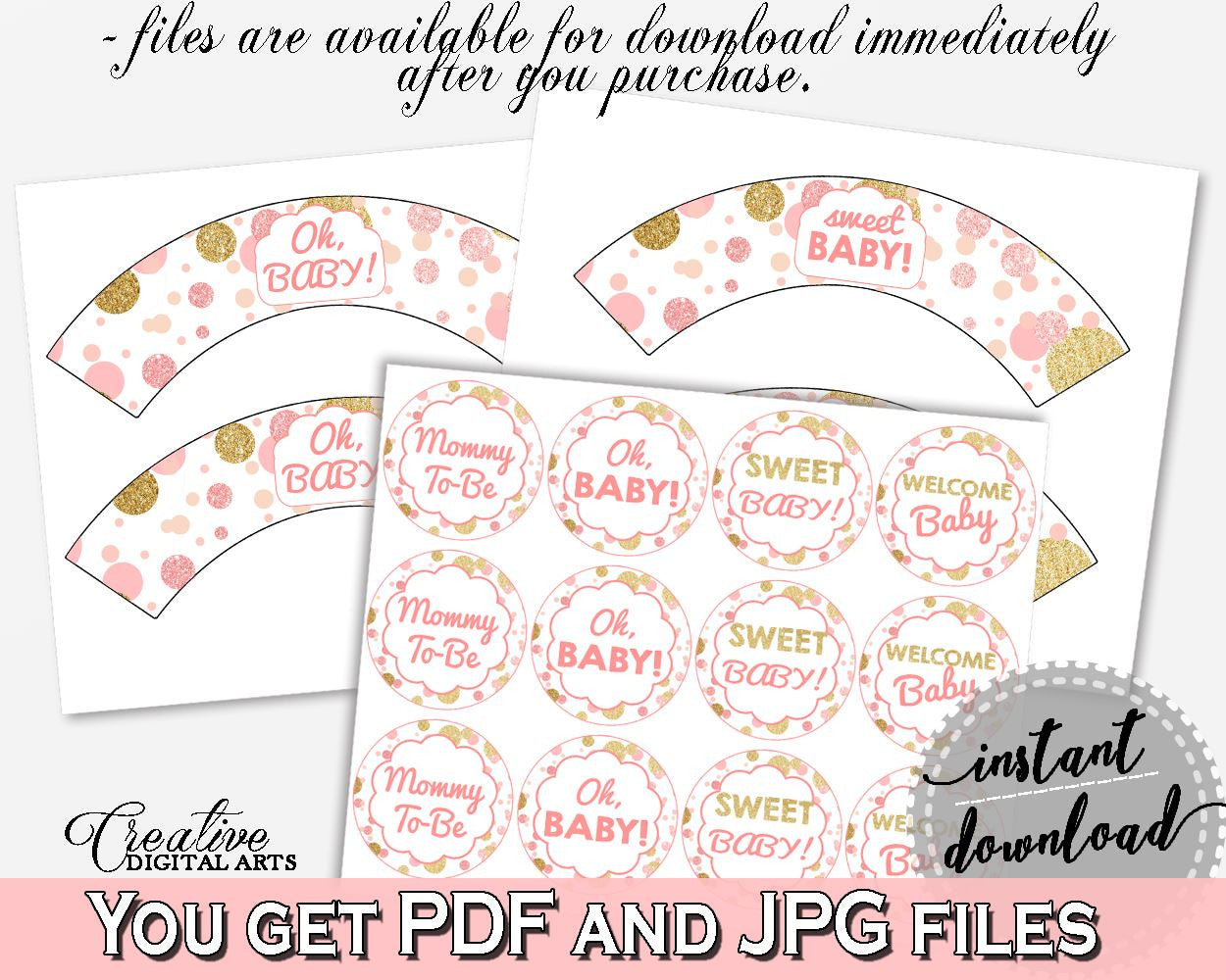 Pink Gold Cupcake Toppers And Wrappers, Baby Shower Cupcake Toppers And Wrappers, Dots Baby Shower Cupcake Toppers And Wrappers, Baby RUK83 - Digital Product