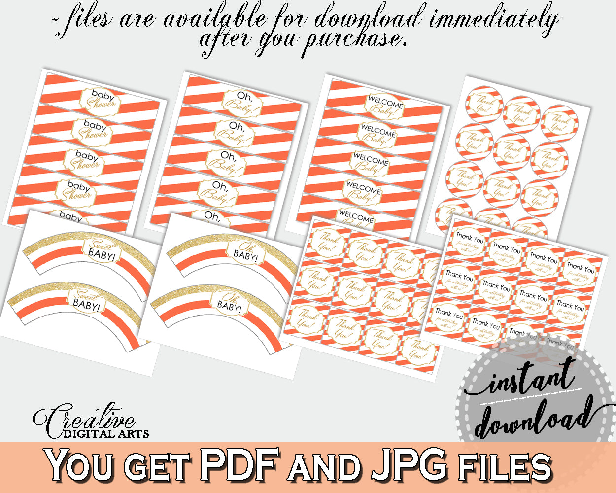 Orange Baby Shower Decorations package Stripes bundle glitter printable, baby shower girl, digital Jpg Pdf - Instant Download - bs003