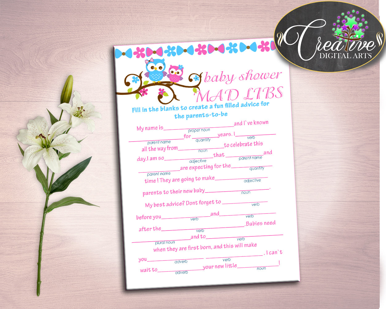 Mad Libs Baby Shower Mad Libs Owl Baby Shower Mad Libs Baby Shower Owl Mad Libs Pink Blue baby shower idea pdf jpg party ideas owt01