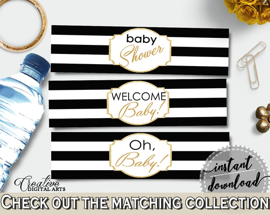 Baby shower WATER BOTTLE LABELS printable with black white stripes color theme, digital files Pdf Jpg, instant download - bs001