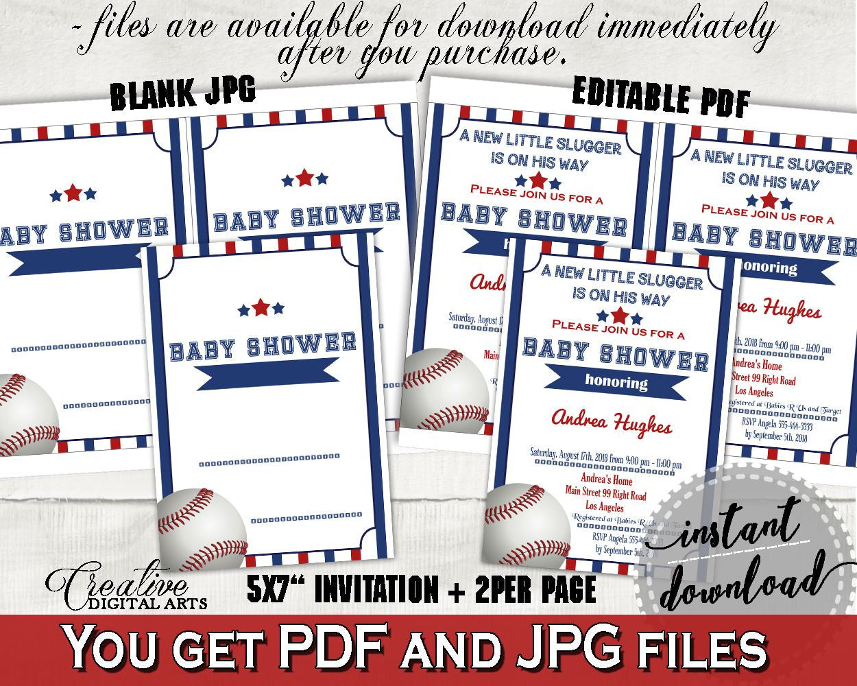 Invitation Baby Shower Invitation Baseball Baby Shower Invitation Baby Shower Baseball Invitation Blue Red customizable files, pdf YKN4H - Digital Product