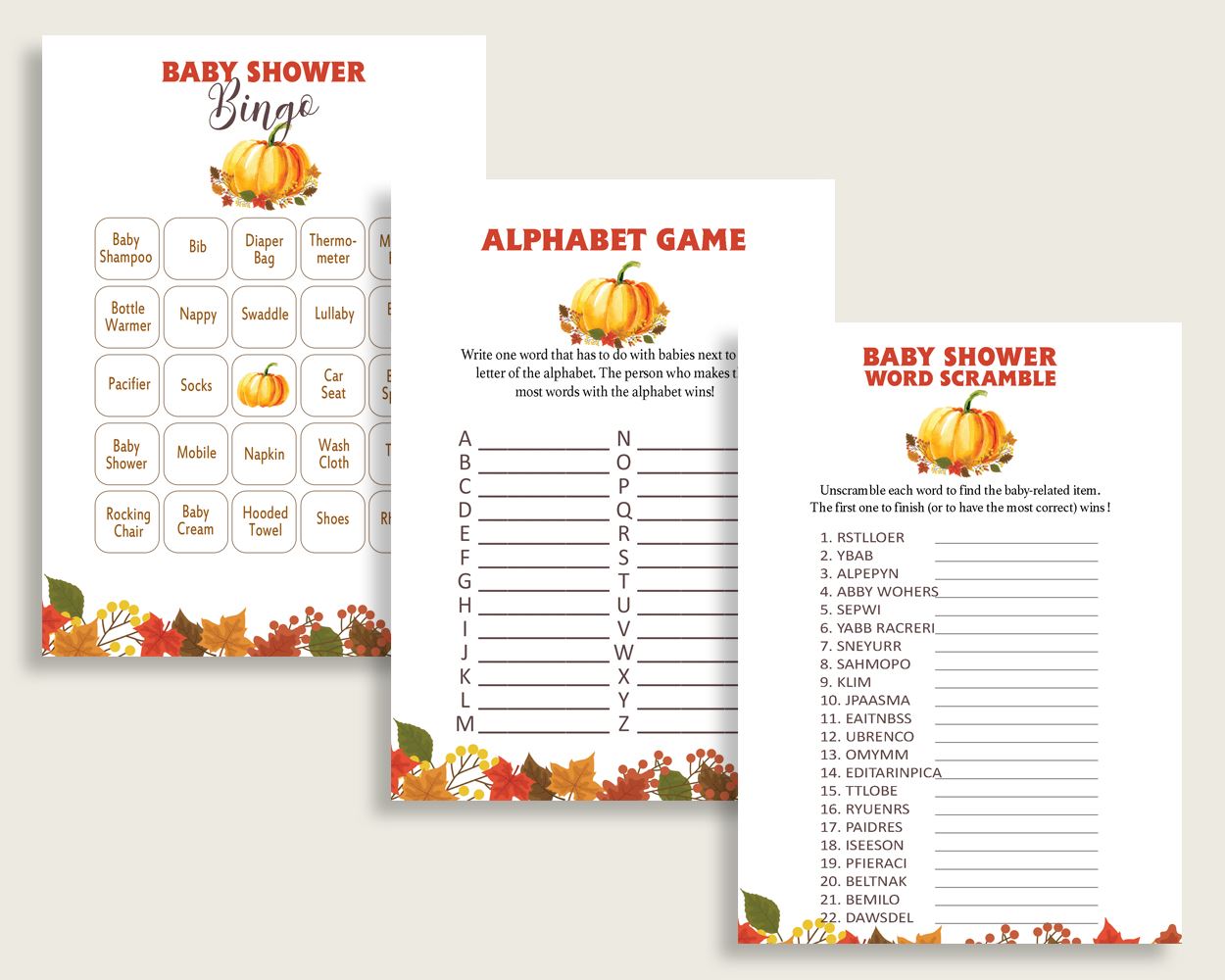 Games Baby Shower Games Fall Baby Shower Games Baby Shower Pumpkin Games Orange Brown pdf jpg customizable files party theme BPK3D - Digital Product