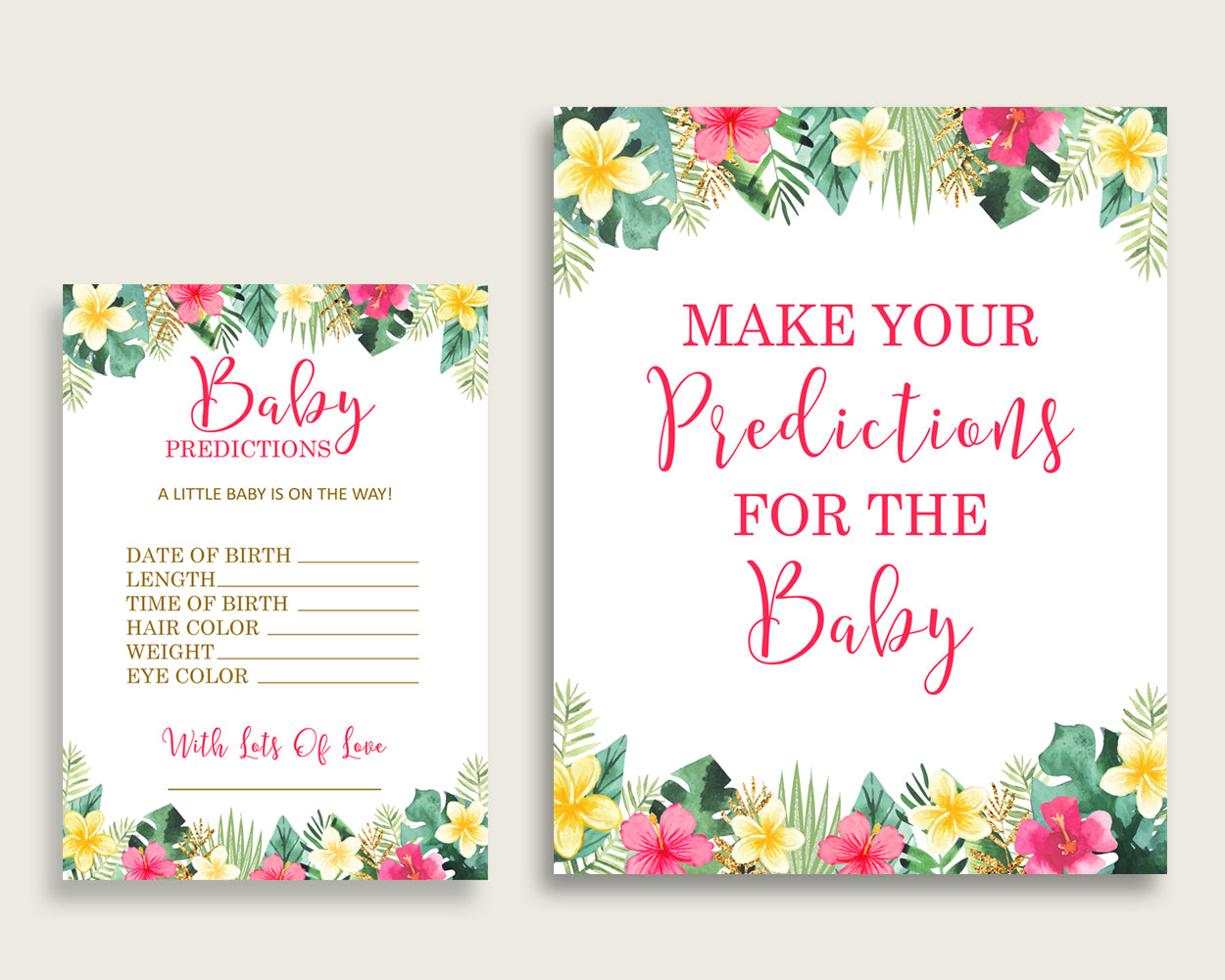 Hawaiian Baby Shower Prediction Cards & Sign Printable, Pink Green Baby Prediction Game Girl, Instant Download, Summer Theme Luau 955MG