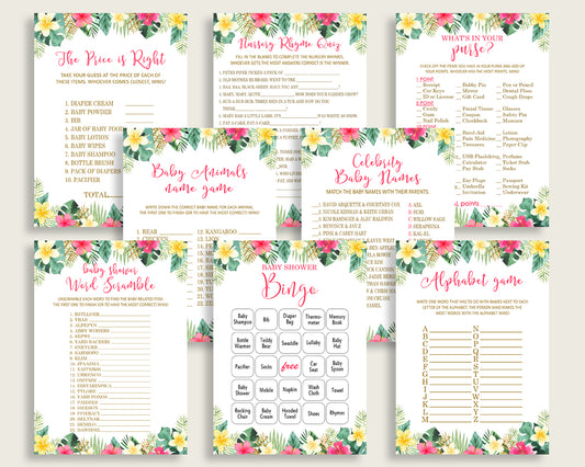 Hawaiian Baby Shower Games Printable Pack, Pink Green Baby Shower Games Package Girl, Hawaiian Games Bundle Set, Instant Download 955MG