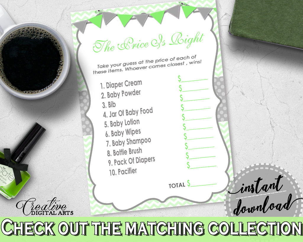 Baby Shower The PRICE IS RIGHT game with chevron green color theme printable, digital files Jpg Pdf, instant download - cgr01