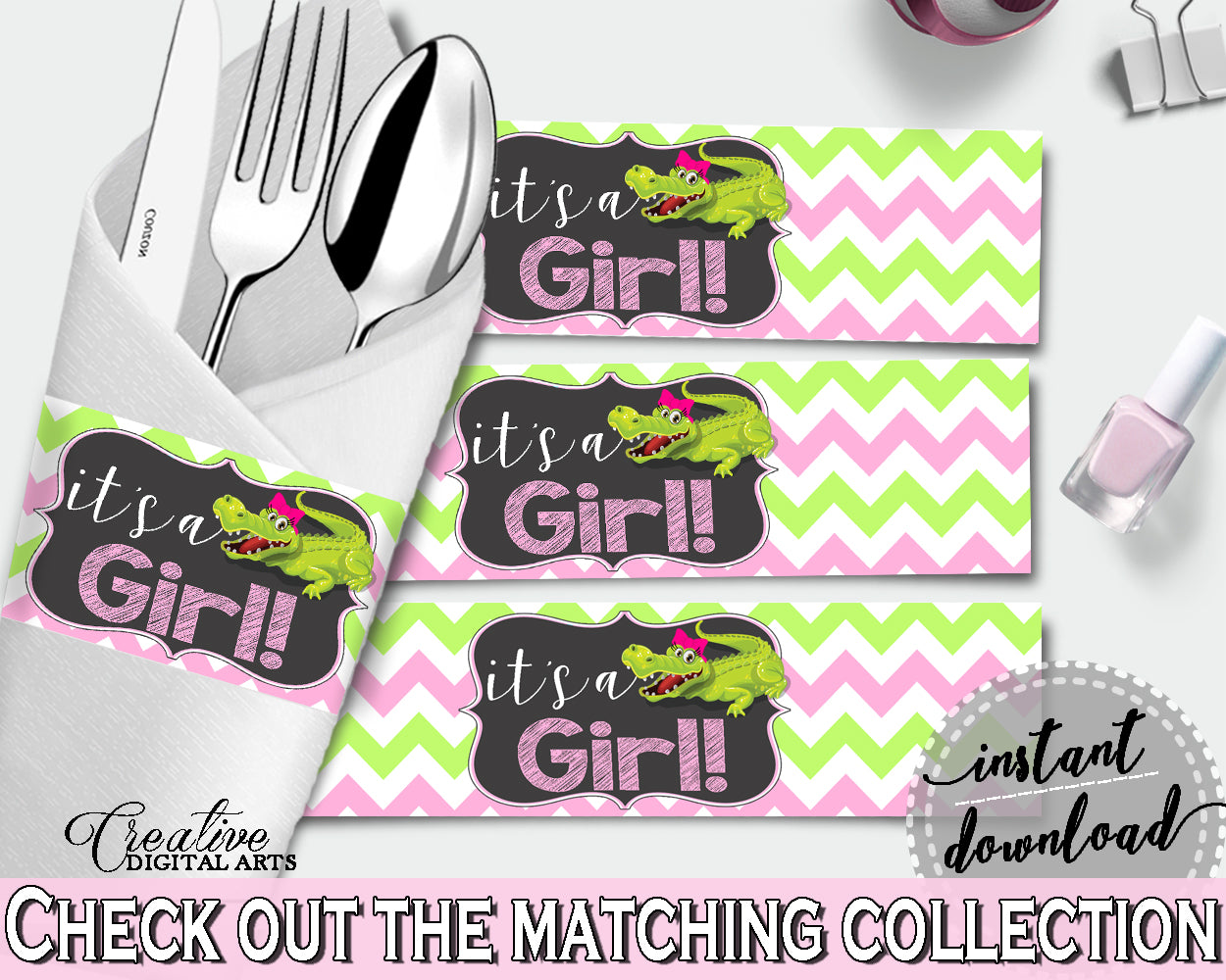 Baby shower NAPKIN RINGS printable with green alligator and pink color theme, instant download - ap001