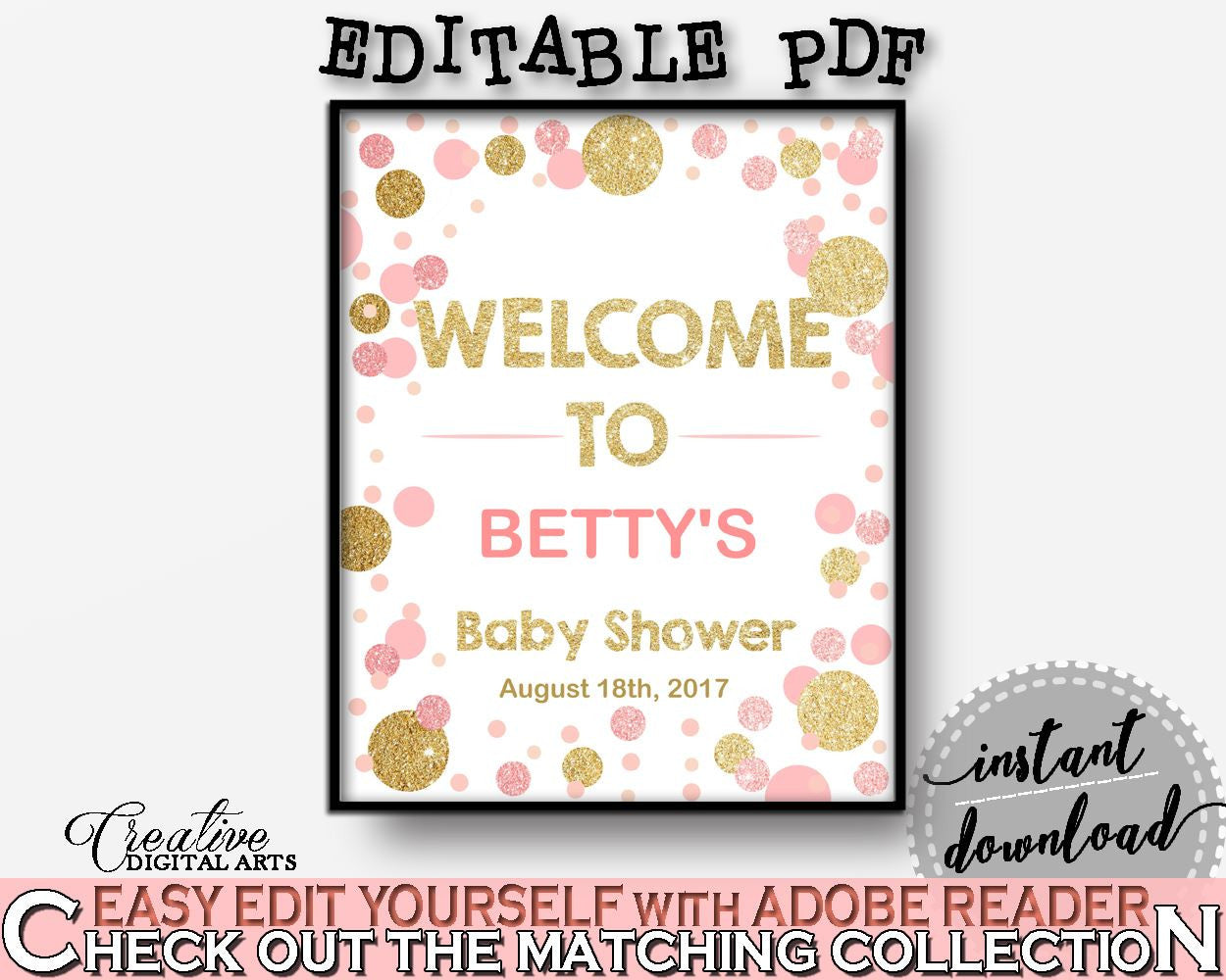 Pink Gold Welcome Sign, Baby Shower Welcome Sign, Dots Baby Shower Welcome Sign, Baby Shower Dots Welcome Sign party stuff - RUK83 - Digital Product