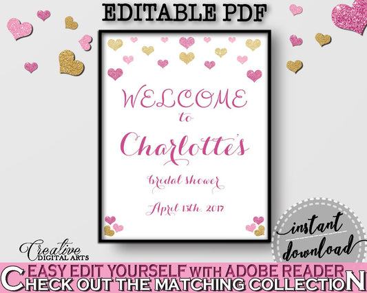 Glitter Hearts Bridal Shower Bridal Shower Welcome Sign Editable in Gold And Pink, personalized sign,  bridal shower love, prints - WEE0X - Digital Product