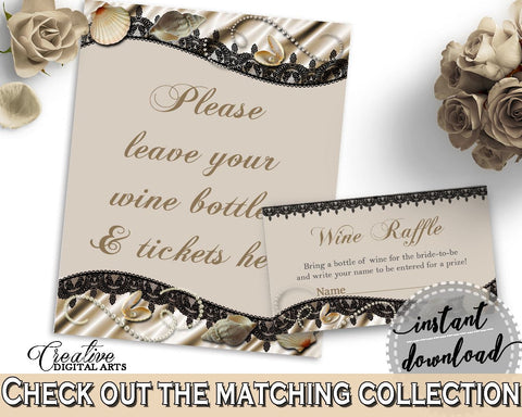 Brown And Beige Seashells And Pearls Bridal Shower Theme: Wine Raffle - stock the bar, lace shower, party theme, customizable files - 65924 - Digital Product