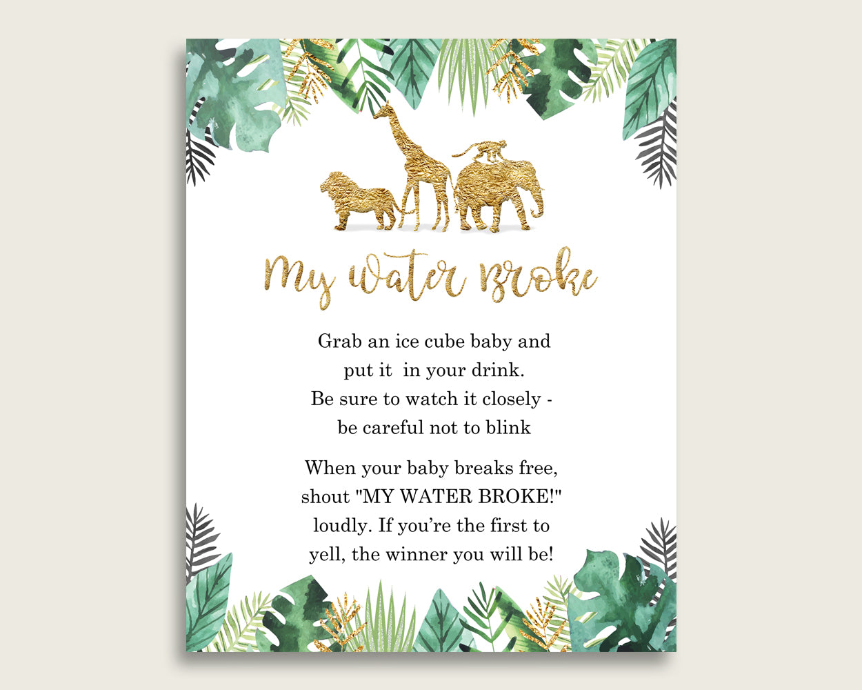 Jungle Baby Shower My Water Broke Game Printable, Gold Green Ice Cube Babies Game, Gender Neutral Baby Shower Frozen Babies Game Sign EJRED