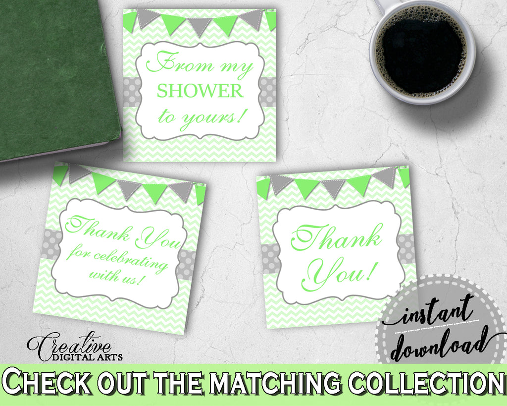 Baby shower THANK YOU favor tags square printable with chevron green theme neutral shower, digital files, Jpg Pdf, instant download - cgr01