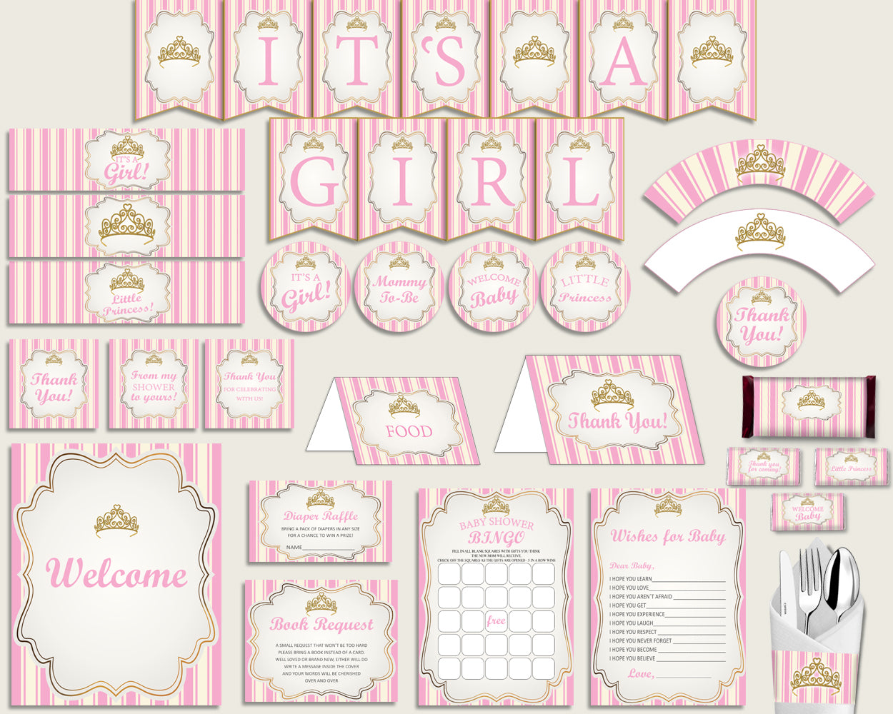 Pink Gold Baby Shower Decorations Girl Kit, Royal Princess Baby Shower Party Package Printable, Instant Download, Glamorous rp002