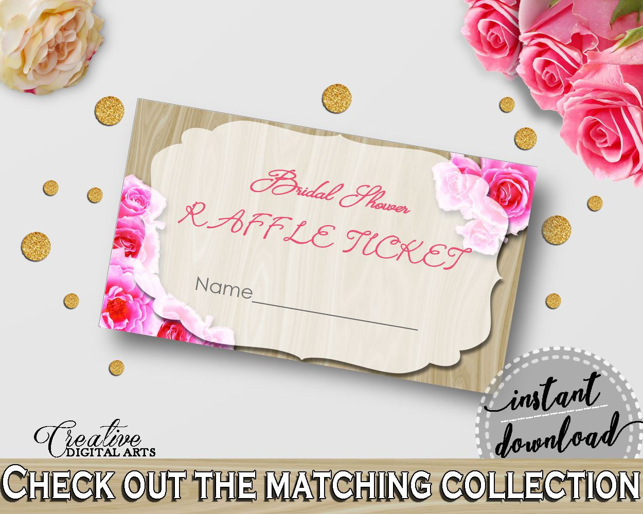 Raffle Ticket in Roses On Wood Bridal Shower Pink And Beige Theme, contest, pink roses shower, digital download, instant download - B9MAI - Digital Product