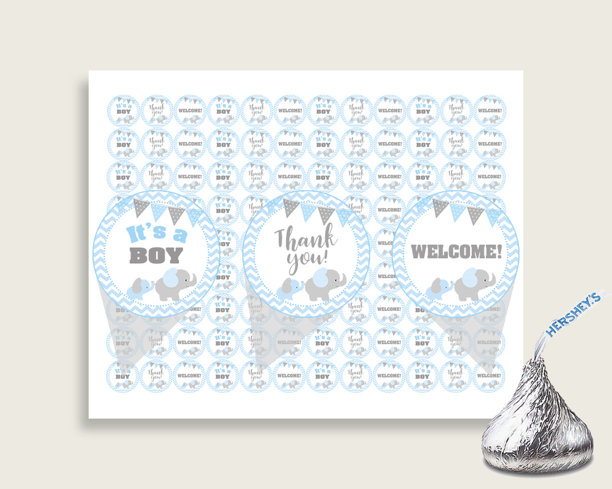 Elephant Hershey Kisses Circle Printable, Blue Grey Hershey Kisses Labels Round Digital, Boy Baby Shower, Instant Download, ebl02