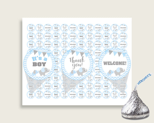 Elephant Hershey Kisses Circle Printable, Blue Grey Hershey Kisses Labels Round Digital, Boy Baby Shower, Instant Download, ebl02