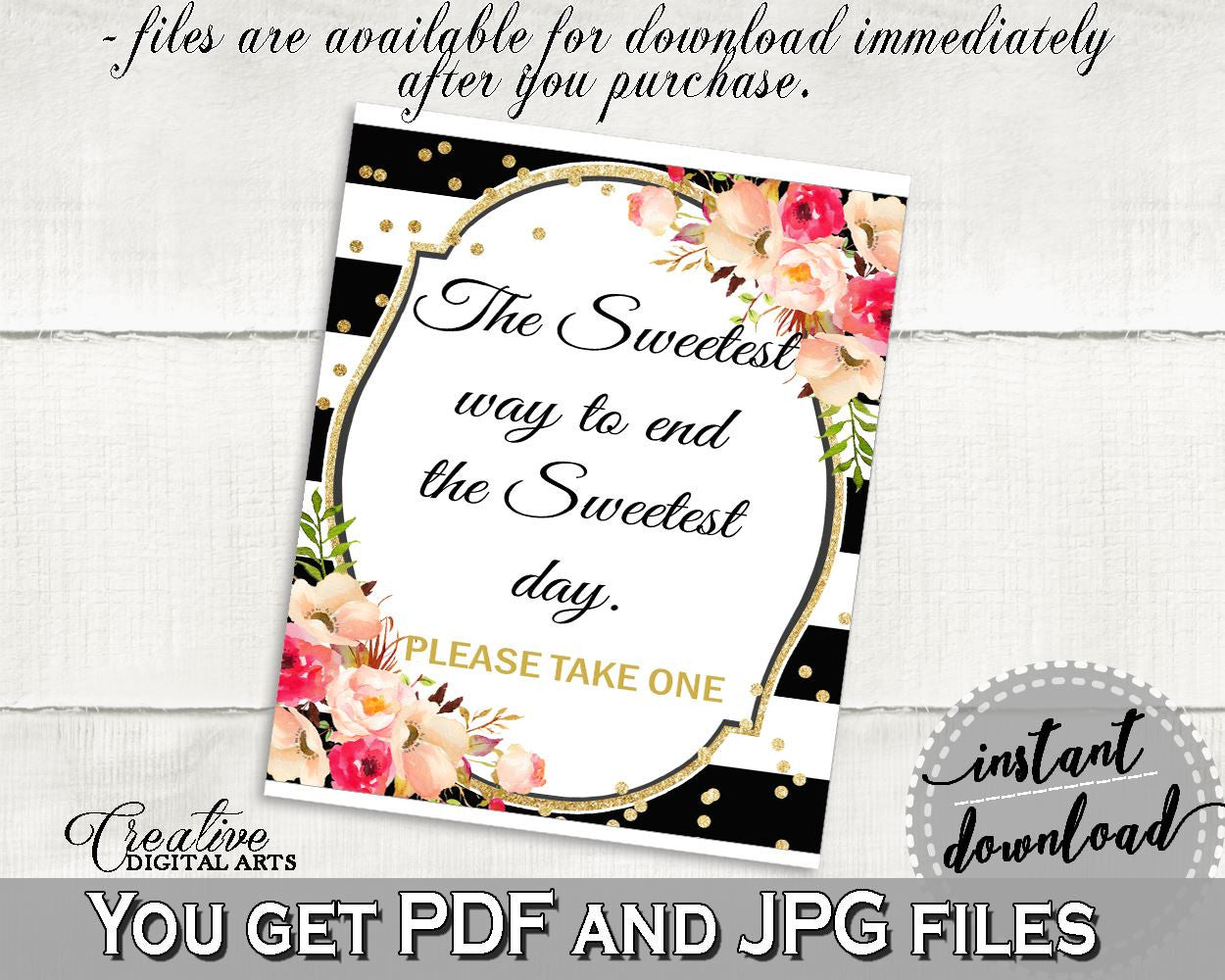 Black And Gold Flower Bouquet Black Stripes Bridal Shower Theme: The Sweetest Way To End The Sweets Day - table sign, party plan - QMK20 - Digital Product