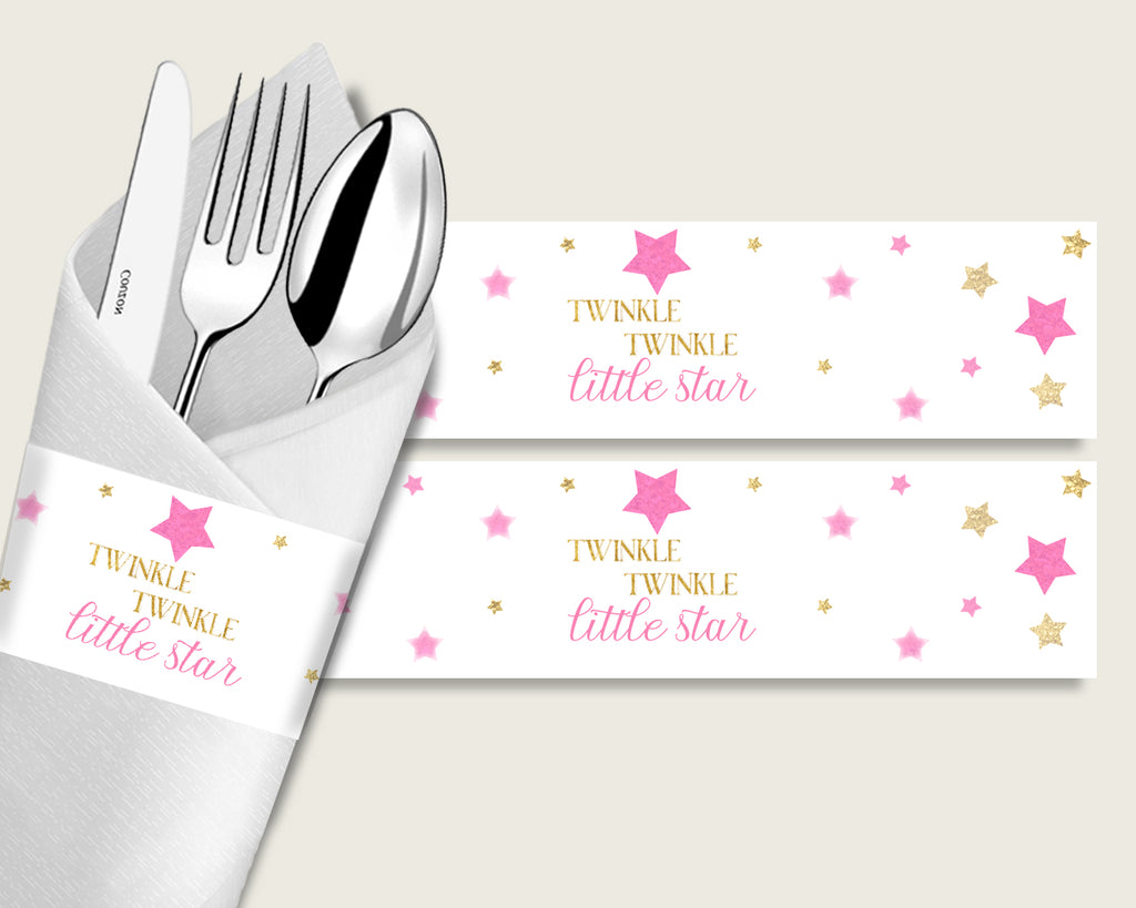 Twinkle Star Baby Shower Napkin Rings Printable, Pink Gold Napkin Wrappers, Girl Shower Utensils Wrap, Instant Download, Cute Stars bsg01