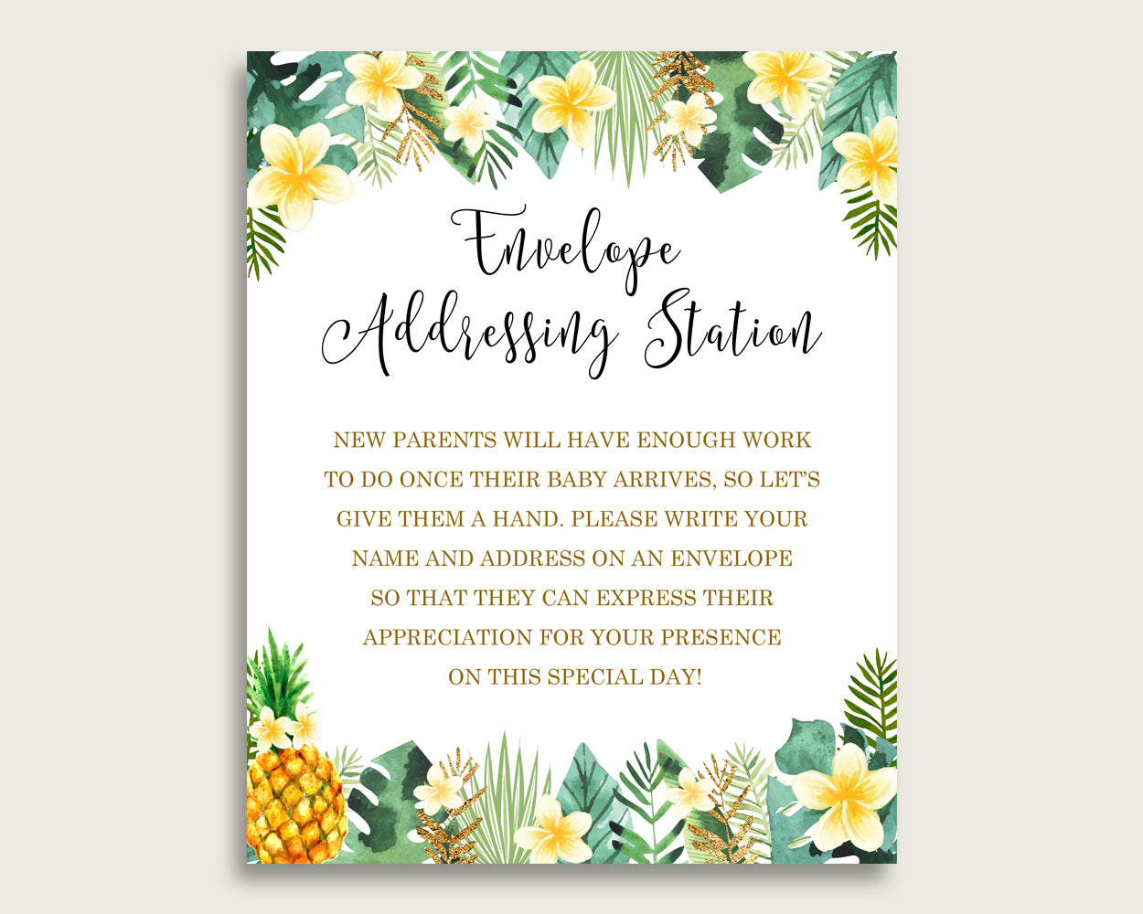 Green Yellow Baby Shower Address Sign Printable, Tropical Envelope Station Sign, Envelope Addressing Baby Shower Gender Neutral, 4N0VK