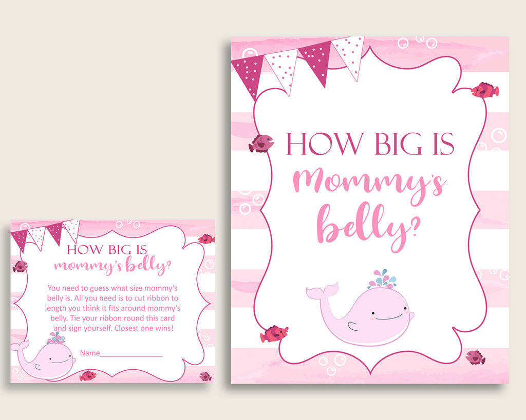 Pink White How Big Is Mommy's Belly Game, Pink Whale Baby Shower Girl, Guess Mommys Belly Size, Mommy Tummy Game, Instant Download, wbl02