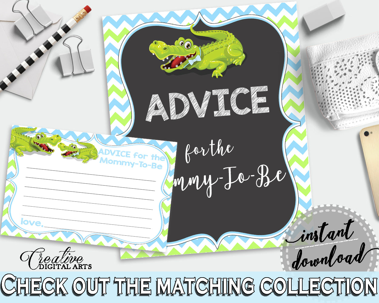 ADVICE FOR THE MOMMY TO BE and ADVICE FOR THE NEW PARENTS baby shower activities with green alligator and blue color theme, instant download - ap002