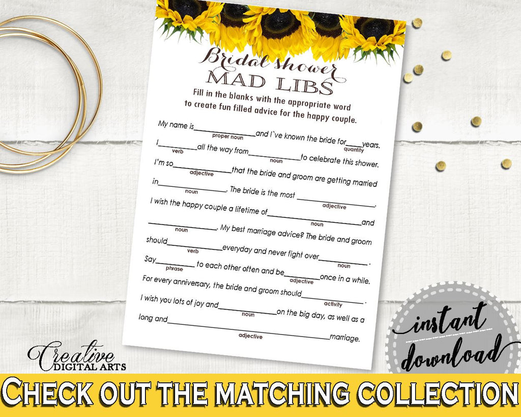 Mad Libs Bridal Shower Mad Libs Sunflower Bridal Shower Mad Libs Bridal Shower Sunflower Mad Libs Yellow White party supplies SSNP1 - Digital Product