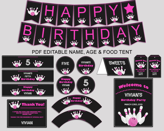 Bowling Birthday Party Package, Bowling Decorations Set Editable Pink Black, Birthday Kit Printable for Girl, WYP5V