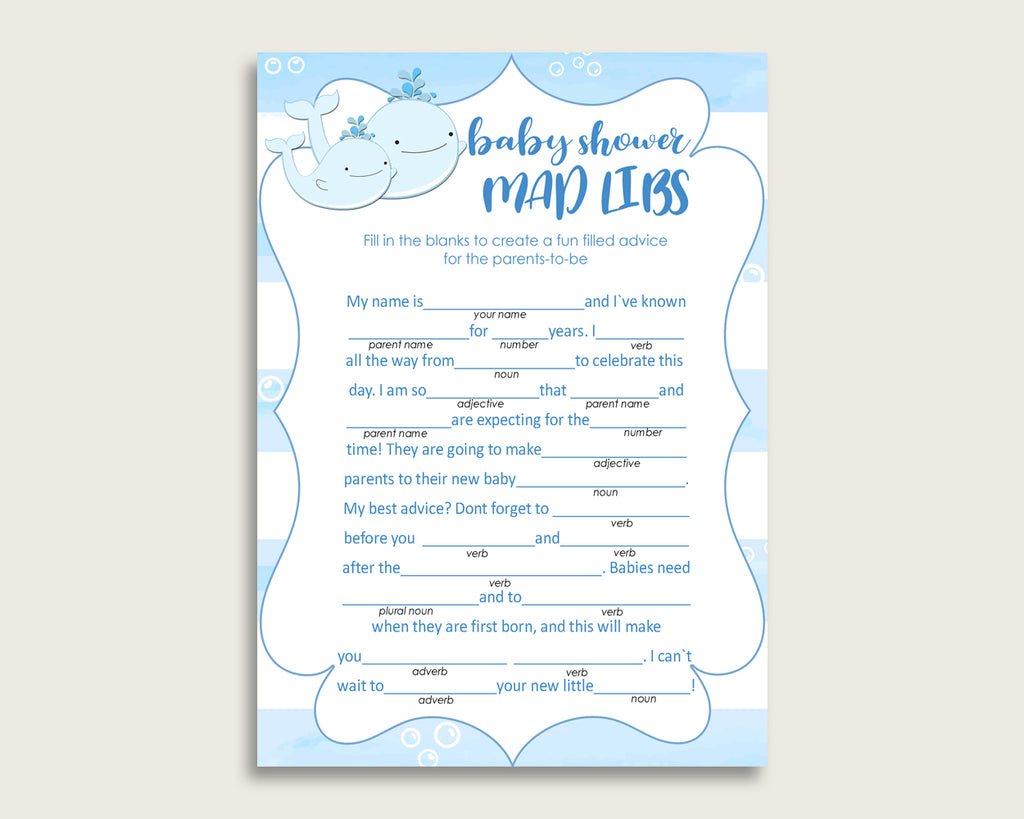 Blue White Mad Libs Baby Shower Boy Game Printable, Whale Mad Libs Fun Activity, DIY digital file, Light Blue Summer Popular Theme wbl01