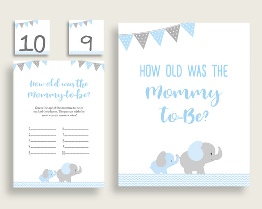 Blue Grey How Old Was The Mommy To Be, Boy Baby Shower Game Printable, Elephant Guess Mommy's Age Game, Instant Download, Most Popular ebl02