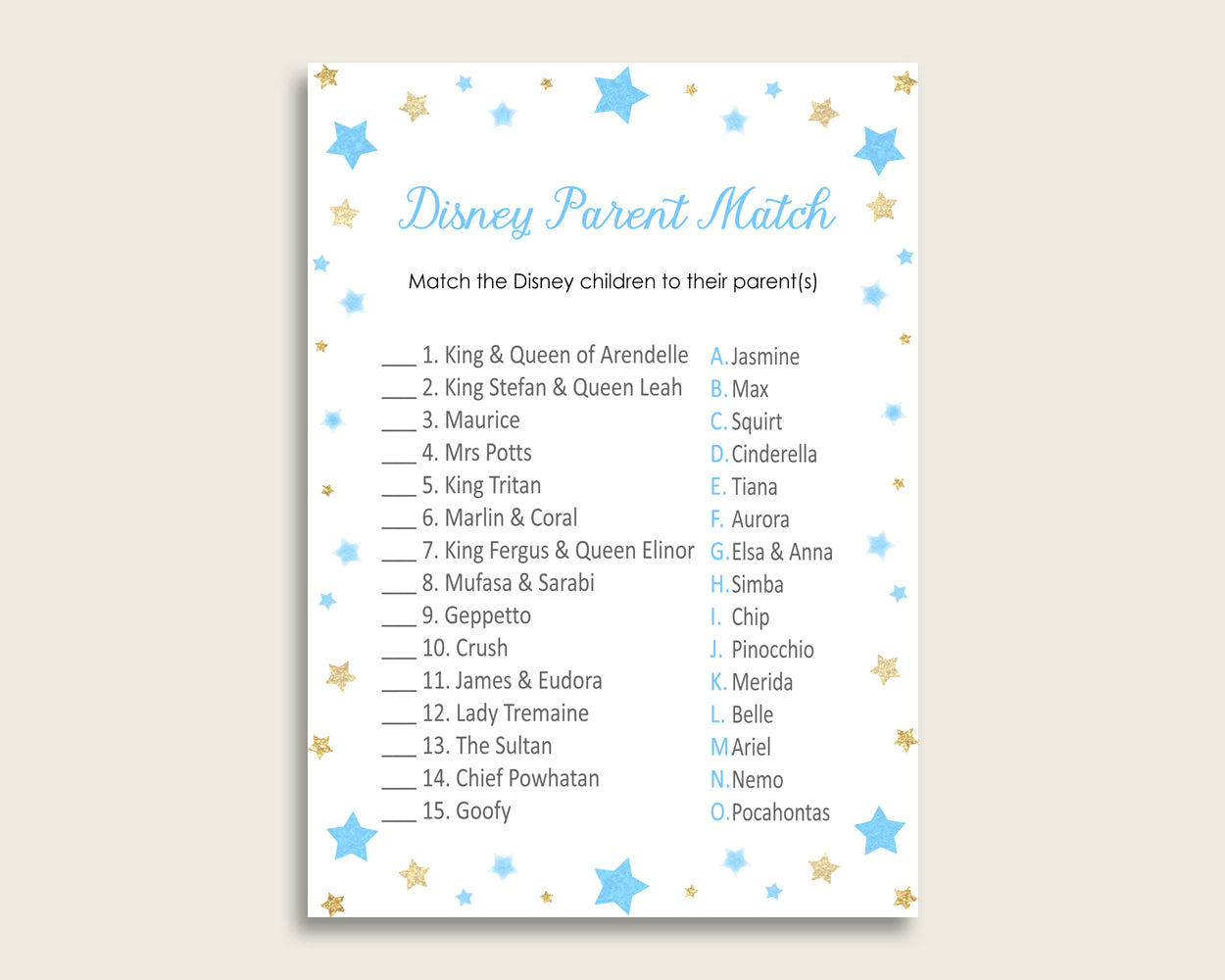 Stars Disney Parent Match Game, Boy Baby Shower Game, Blue Gold Match The Disney Parents Printable, Instant Download, Most Popular, bsr01