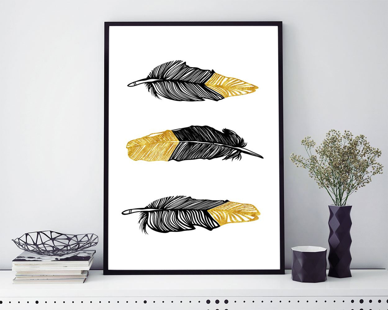 Wall Art Black And Gold Digital Print Black And Gold Poster Art Black And Gold Wall Art Print Black And Gold Feathers Art Black And Gold - Digital Download