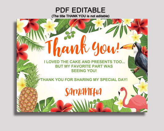 Birthday Tropical Thank You Tropical Self Editable Green Yellow Thank You Notes Tropical Party Thank You Boy Girl 8LFM8