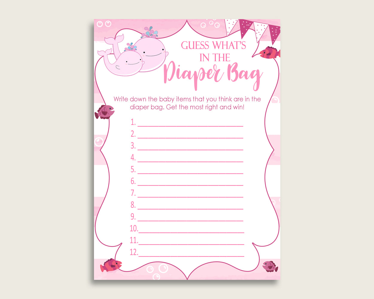 Pink Whale Guess What's In The Diaper Bag Game, Girl Baby Shower Pink White Diaper Game Printable, Instant Download, Baby Whale, wbl02