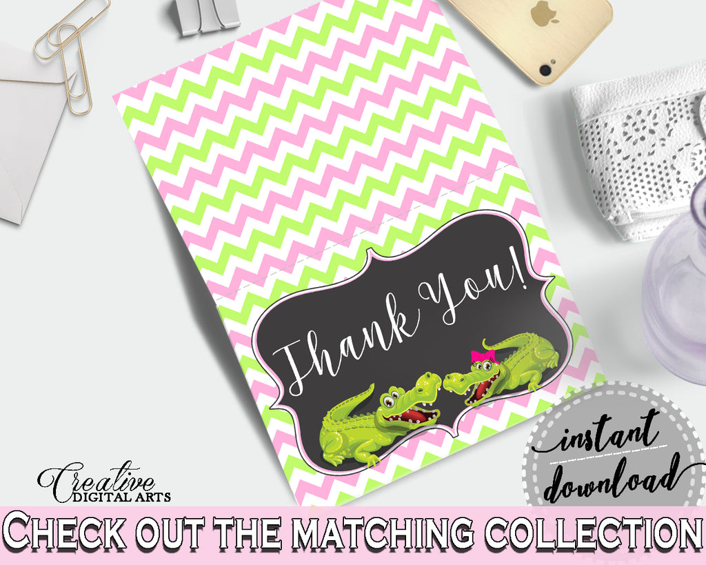 Baby shower THANK YOU card printable with green alligator and pink color theme for girls, instant download - ap001