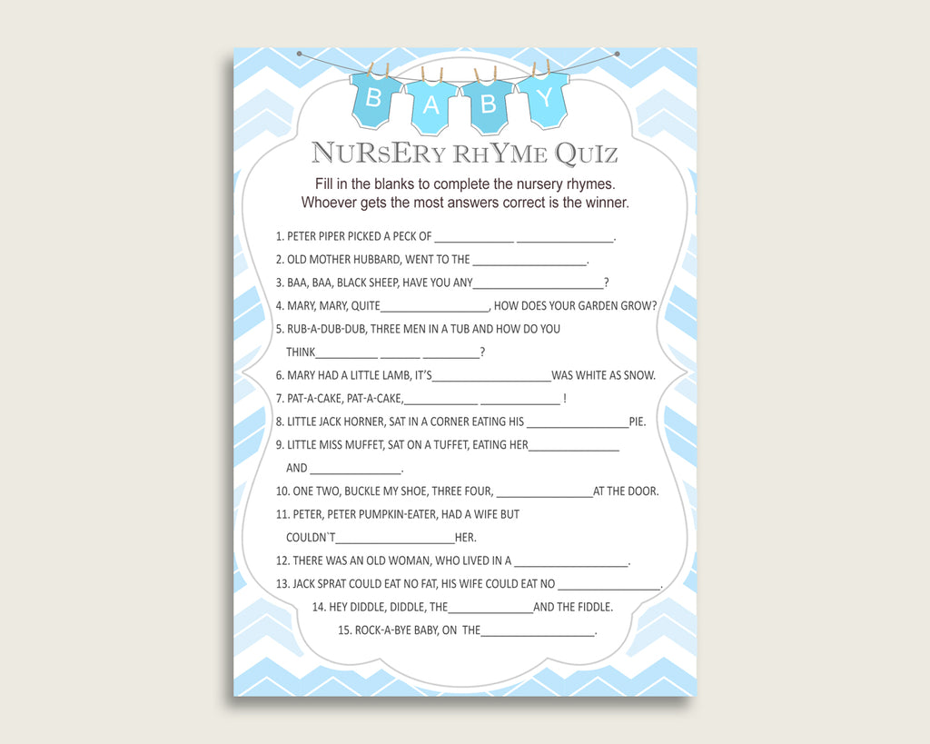 Chevron Nursery Rhyme Quiz Printable, Blue White Nursery Rhyme Game, Blue White Baby Shower Boy Activities, Instant Download, Popular cbl01