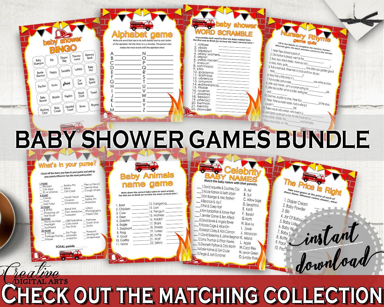 Games Baby Shower Games Fireman Baby Shower Games Red Yellow Baby Shower Fireman Games party theme, customizable files - LUWX6 - Digital Product