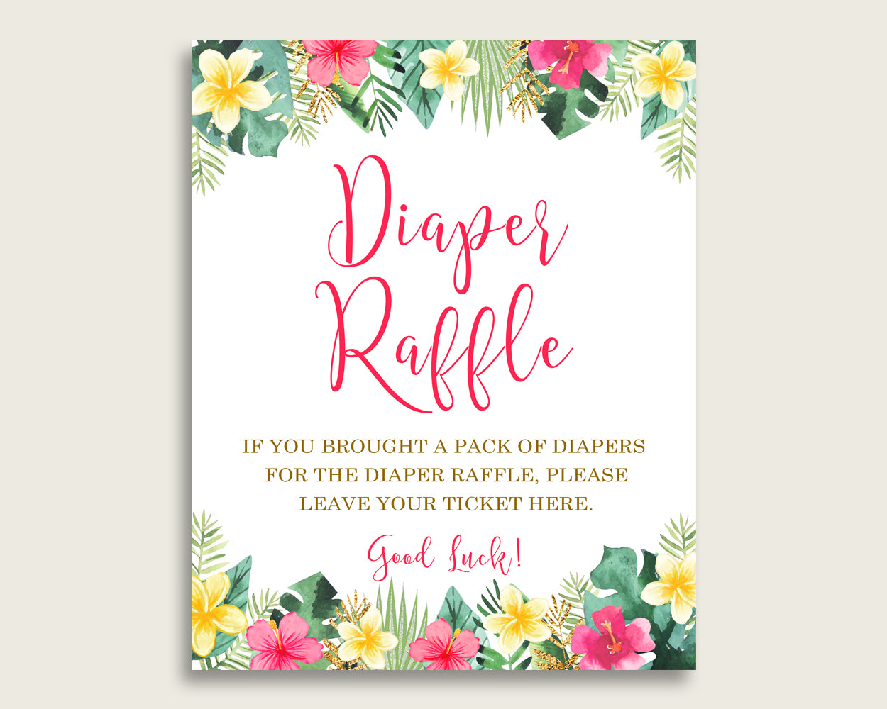 Hawaiian Baby Shower Diaper Raffle Tickets Game, Girl Pink Green Diaper Raffle Card Insert and Sign Printable, Instant Download 955MG