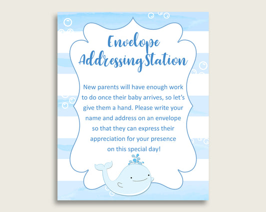 Blue White Baby Shower Address Sign Printable, Whale Envelope Station Sign, Envelope Addressing Baby Shower Boy, Light Blue wbl01