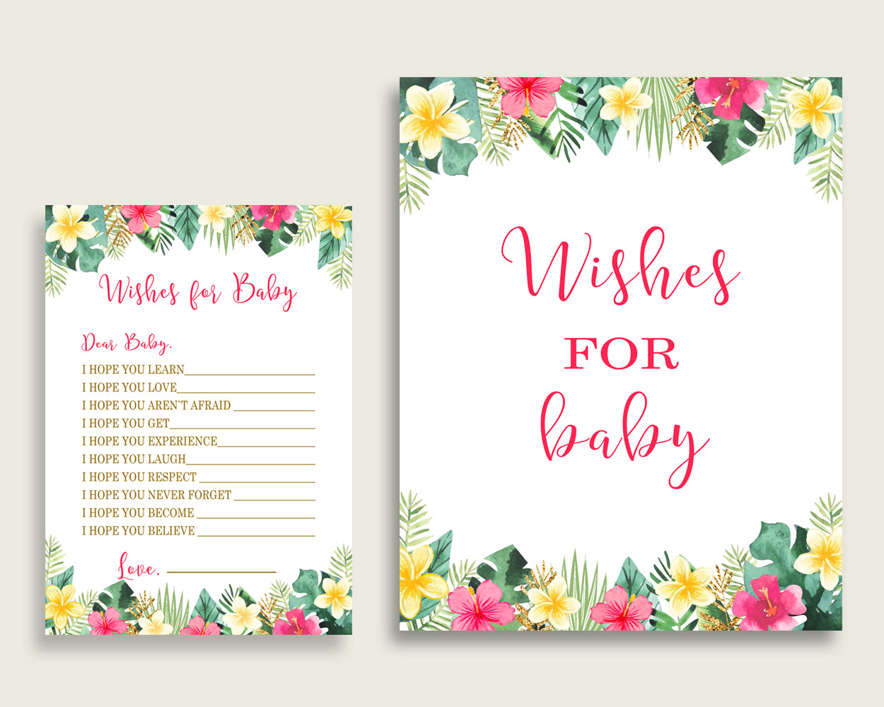 Pink Green Wishes For Baby Cards & Sign, Hawaiian Baby Shower Girl Well Wishes Game Printable, Instant Download, Luau Aloha 955MG