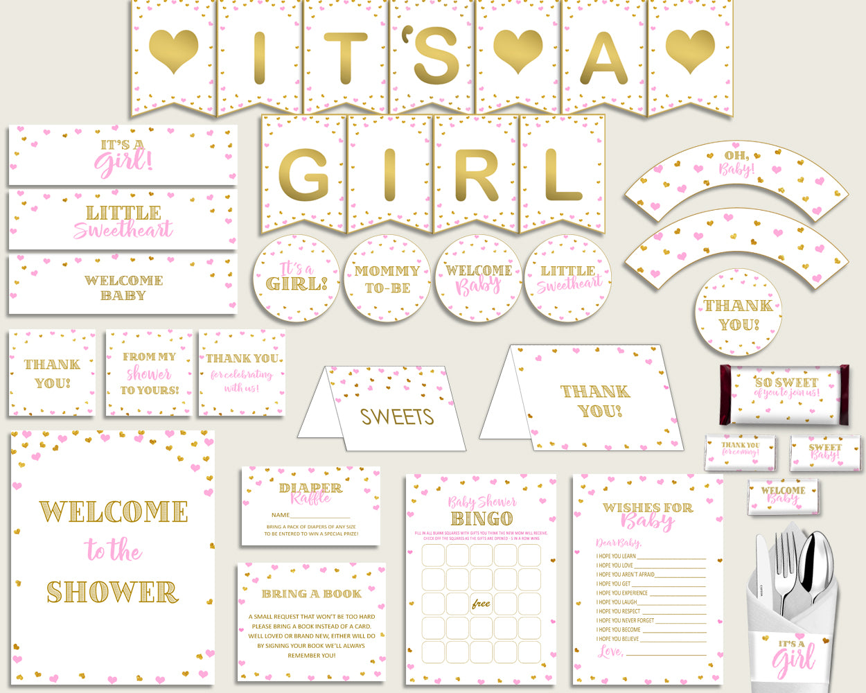 Decorations Baby Shower Decorations Hearts Baby Shower Decorations Baby Shower Hearts Decorations Pink Gold printable files prints bsh01