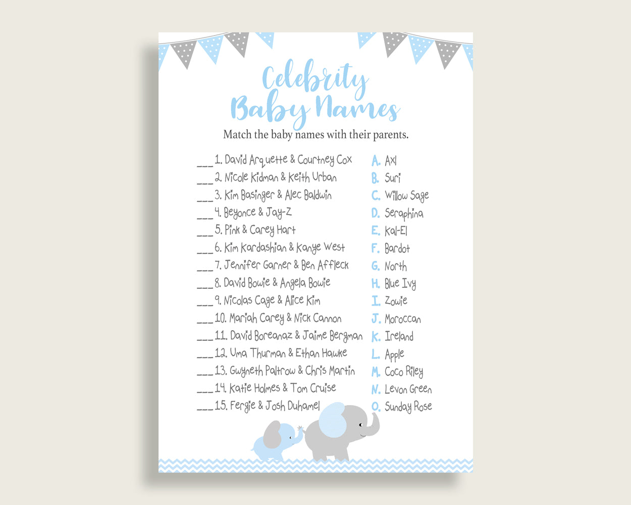 Blue Grey Celebrity Baby Names, Elephant Baby Shower Boy Name Game Printable, Celebrity Match Game, Famous Babies Game, Celebrity ebl02