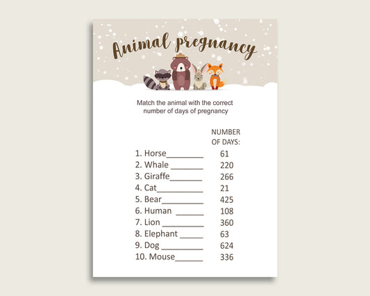 Winter Woodland Animal Pregnancy Gestation Game, Beige Brown Baby Shower Gender Neutral Printable Activities, Instant Download, RM4SN