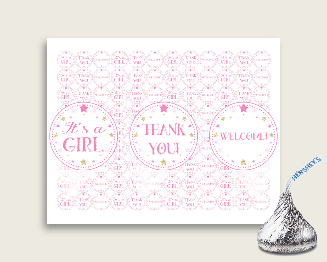 Twinkle Star Hershey Kisses Circle Printable, Pink Gold Hershey Kisses Labels Round Digital, Girl Baby Shower, Instant Download, bsg01