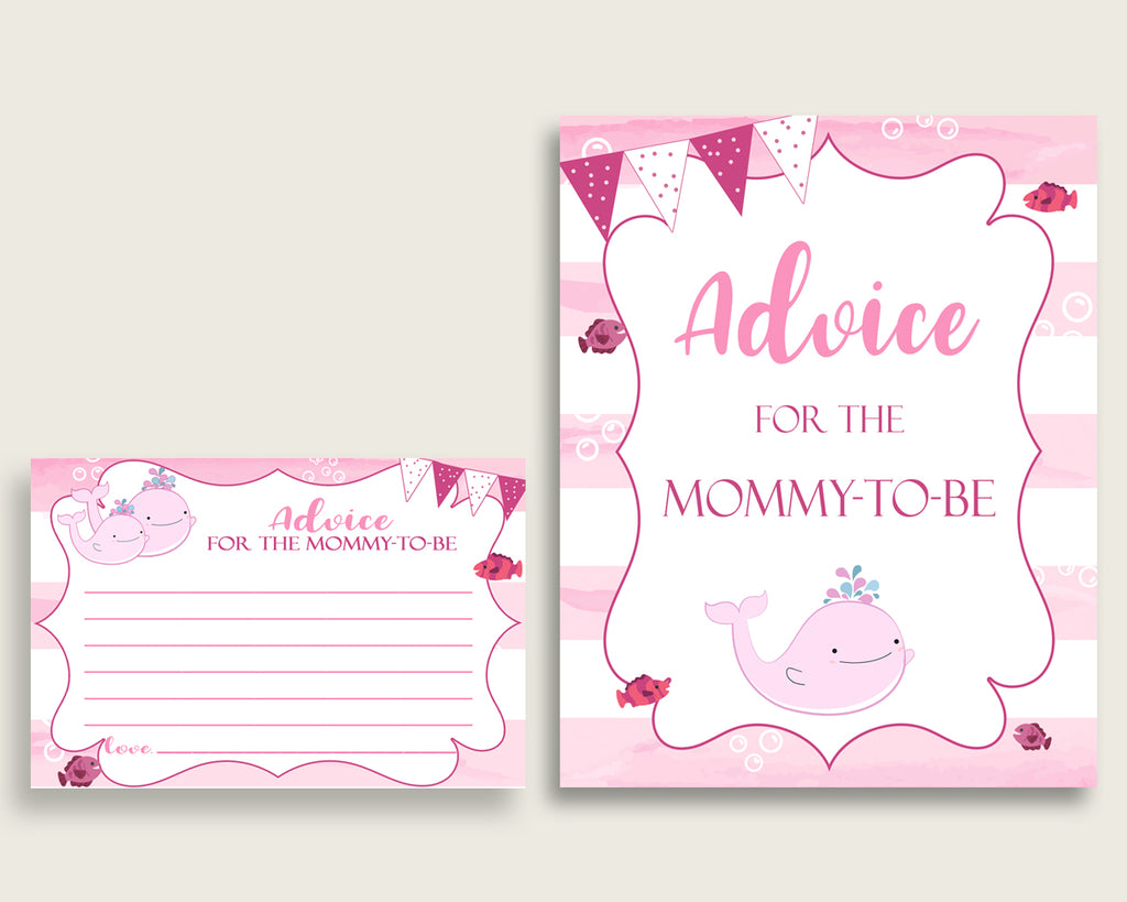 Pink Whale Advice For Mommy To Be Cards & Sign, Printable Baby Shower Pink White Advice For New Parents, Instant Download, Baby Whale wbl02