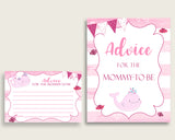 Pink Whale Advice For Mommy To Be Cards & Sign, Printable Baby Shower Pink White Advice For New Parents, Instant Download, Baby Whale wbl02