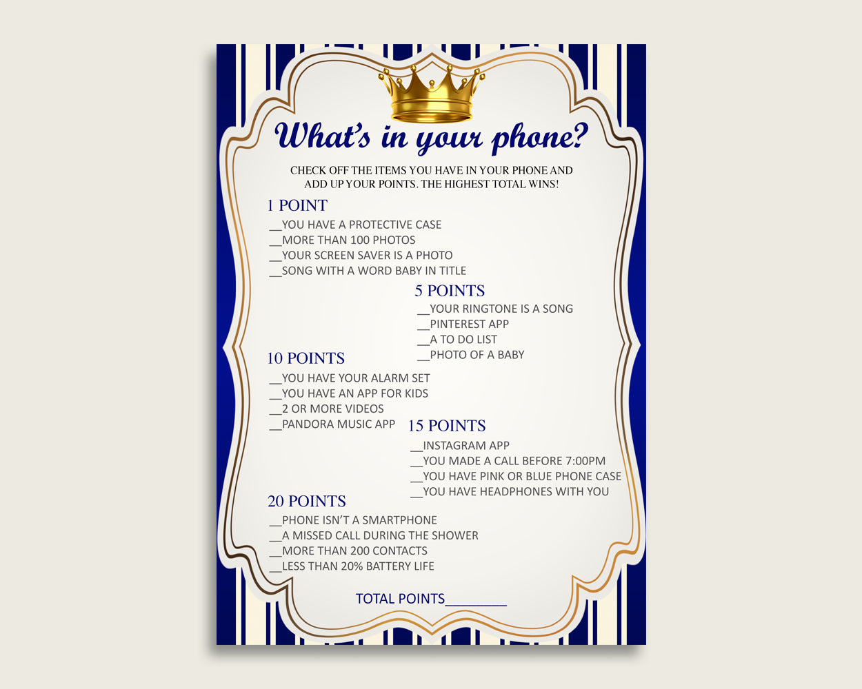 Blue Gold What's In Your Phone Game, Royal Prince Baby Shower Boy, What's In Your Cell Phone Printable, Instant Download, King Crown rp001