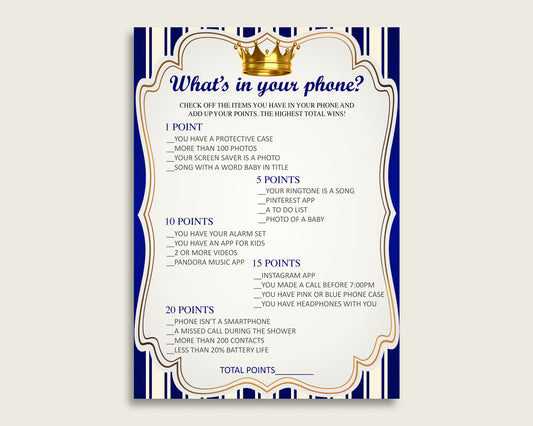 Blue Gold What's In Your Phone Game, Royal Prince Baby Shower Boy, What's In Your Cell Phone Printable, Instant Download, King Crown rp001