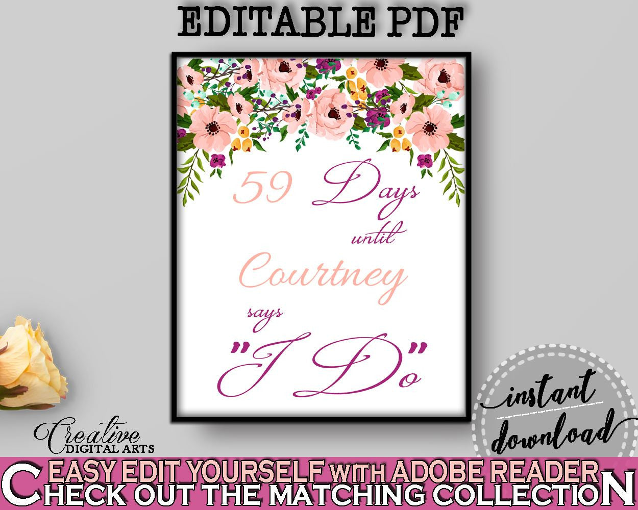 Days Until I Do in Watercolor Flowers Bridal Shower White And Pink Theme, days until i do sign, modern calligraphy, shower activity - 9GOY4 - Digital Product